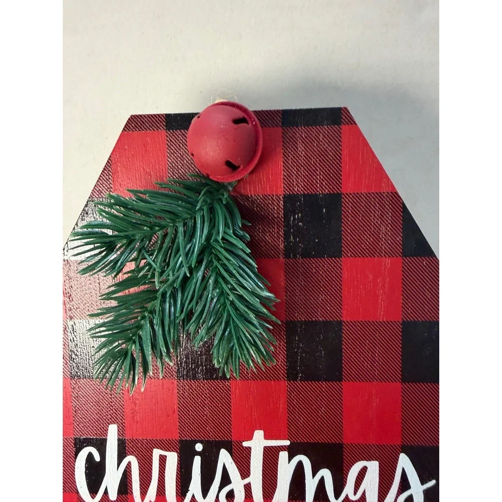Christmas Countdown Wooden Hanging Sign Red Black Buffalo Plaid Chalkboard Decor